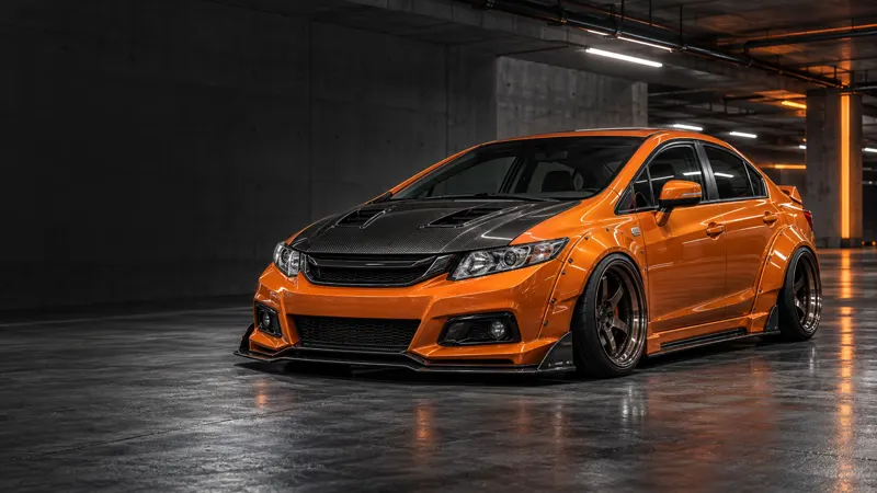 Honda Civic FB สีส้มแต่งโป่งเย็บ Wide Body ฝากระโปรงคาร์บอนสไตล์ JDM