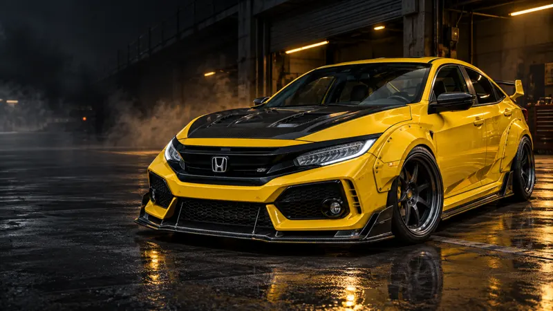 Honda Civic FC สีเหลืองแต่งโป่งเย็บ Wide Body และฝากระโปรงคาร์บอน