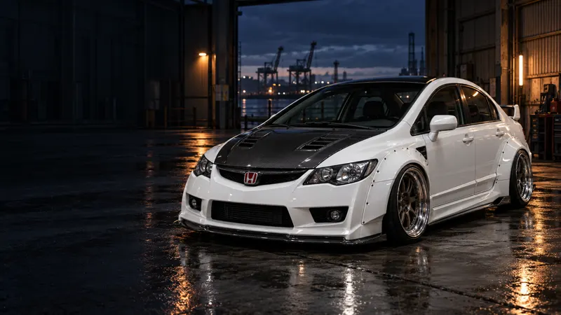 Honda Civic FD สีขาวแต่งโป่งเย็บ Wide Body ฝากระโปรงคาร์บอนสไตล์ JDM
