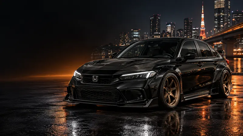 Honda Civic FE สีดำแต่งโป่งเย็บ Wide Body ฝากระโปรงคาร์บอนสไตล์ JDM