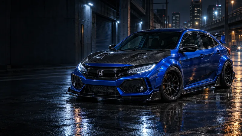 Honda Civic FK Hatchback สีน้ำเงินแต่งโป่งเย็บ Wide Body ฝากระโปรงคาร์บอนสไตล์ JDM