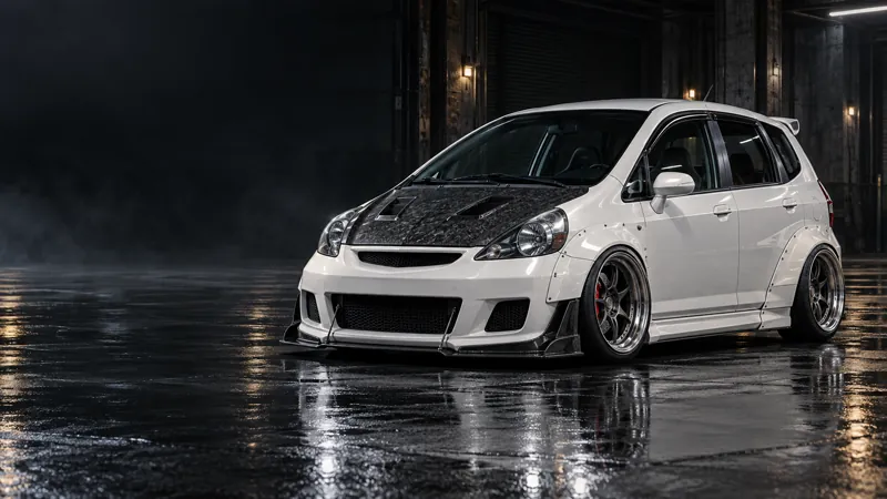 Honda Jazz GD สีขาวแต่งโป่งเย็บ Wide Body และฝากระโปรงคาร์บอน